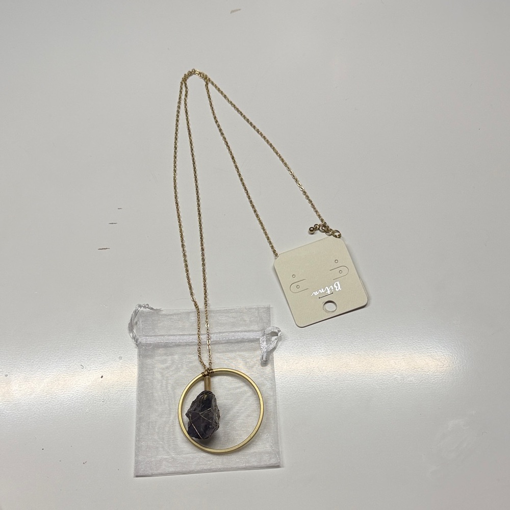 Gold Circle Pendant Necklace with Dark Raw Stone